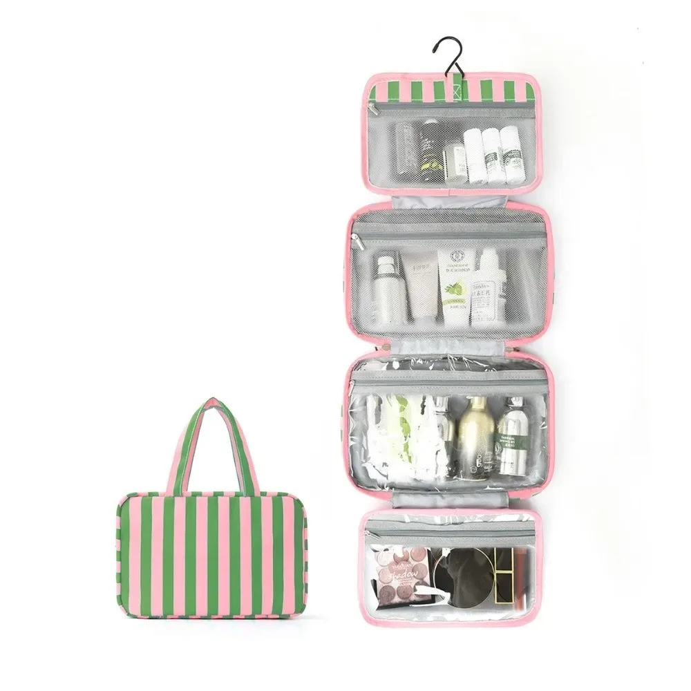 trousse de toilette de voyage suspendue portable rayée, organisateur cosmétique pliable 4 volets avec crochet, grande capacité, sac de maquillage pour extérieur