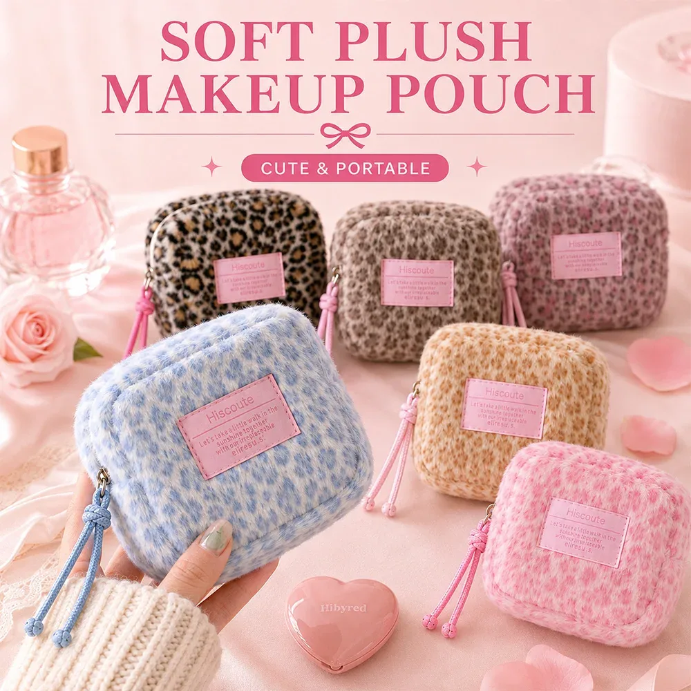 pochette cosmétique en peluche à imprimé léopard, mignonne, chaude, mini, carrée, légère, boîte à rouge à lèvres, sac de rangement pour maquillage, pour un usage quotidien