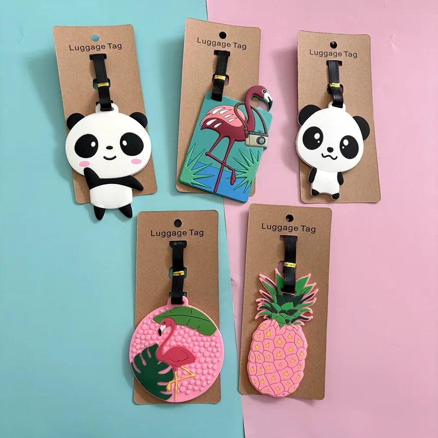 étiquette de bagage en forme d'animal flamant rose, étiquette de bagage panda pour carte d'embarquement, étiquette de contrôle en caoutchouc souple pvc, anti-perte, nom, papier inclus, 1 pièce