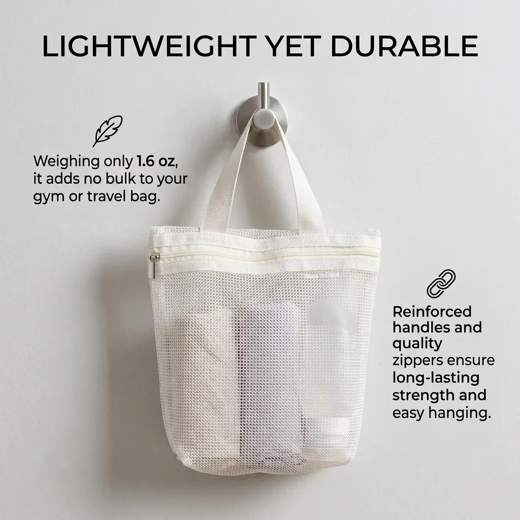 sac de douche portable en maille, sac de rangement ajouré avec fermeture éclair pour lingettes de bain, idéal pour les voyages et la natation