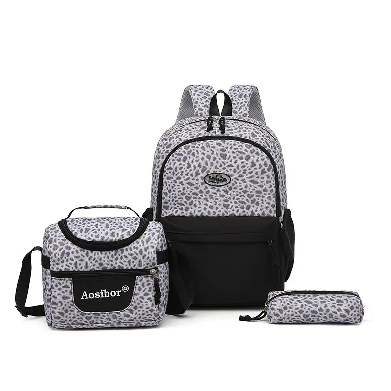 sac à dos, imprimé léopard, ensemble 3 en 1, léger, grande capacité, sac pour collège, trousse à crayons, sac à déjeuner