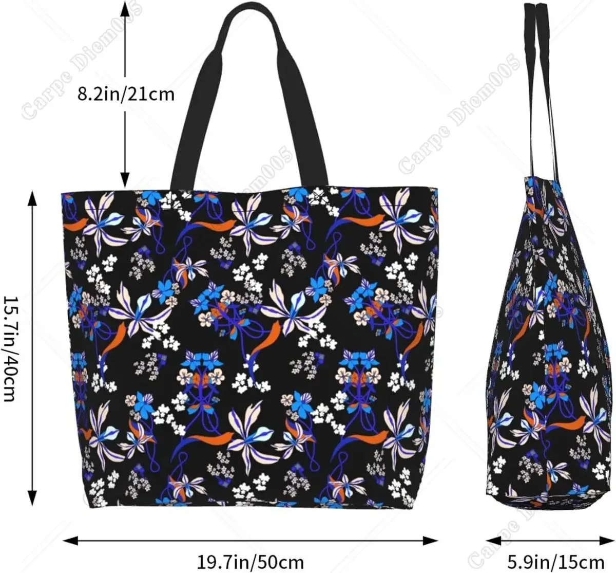 sac fourre-tout floral bleu vintage pour femme, grand sac réutilisable pour femme, sac initié à la mode, sac à main pour le bureau, le shopping, le voyage