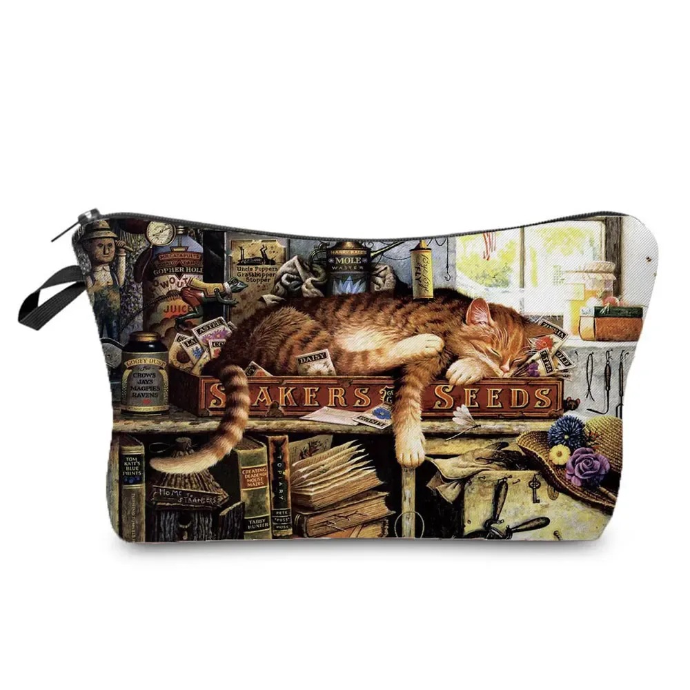 trousse de maquillage imprimée chat pour femme, peinture à l'huile, mode rétro, sacs à cosmétiques, haute qualité, étuis à crayons, sac cadeau portable, offre spéciale