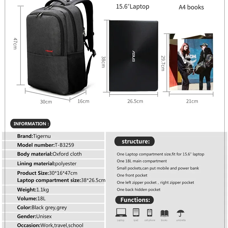 tigernu étanche anti-vol 15.6 pouces sac à dos pour ordinateur portable hommes mince école sac à dos sacs mâle voyage sac à dos pour adolescents sacs à dos