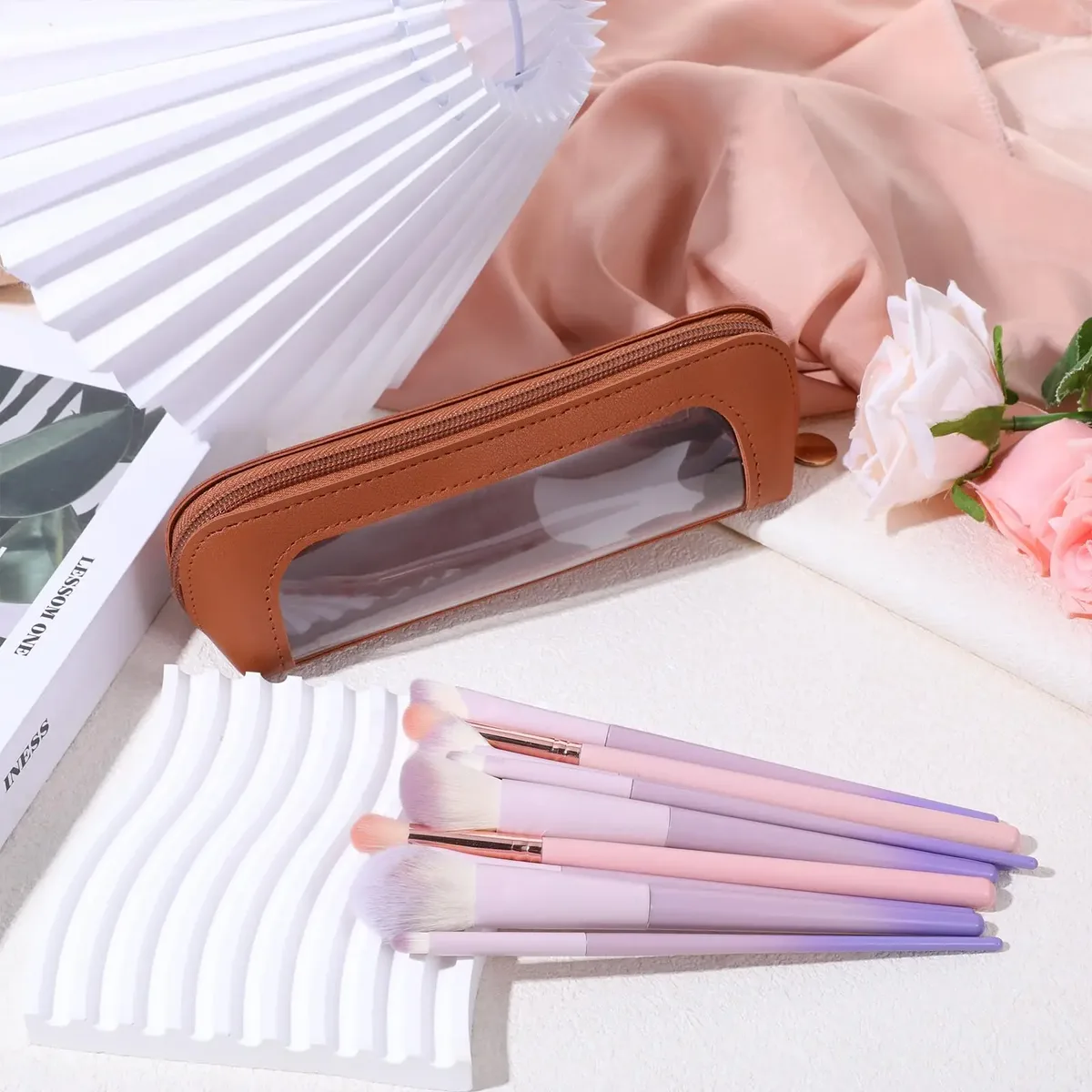 petite pochette de maquillage transparente, sac de brosse de maquillage en cuir pu, pochette de rangement avec fermeture éclair pour femmes, maison, voyage, bureau, rangement de cosmétiques
