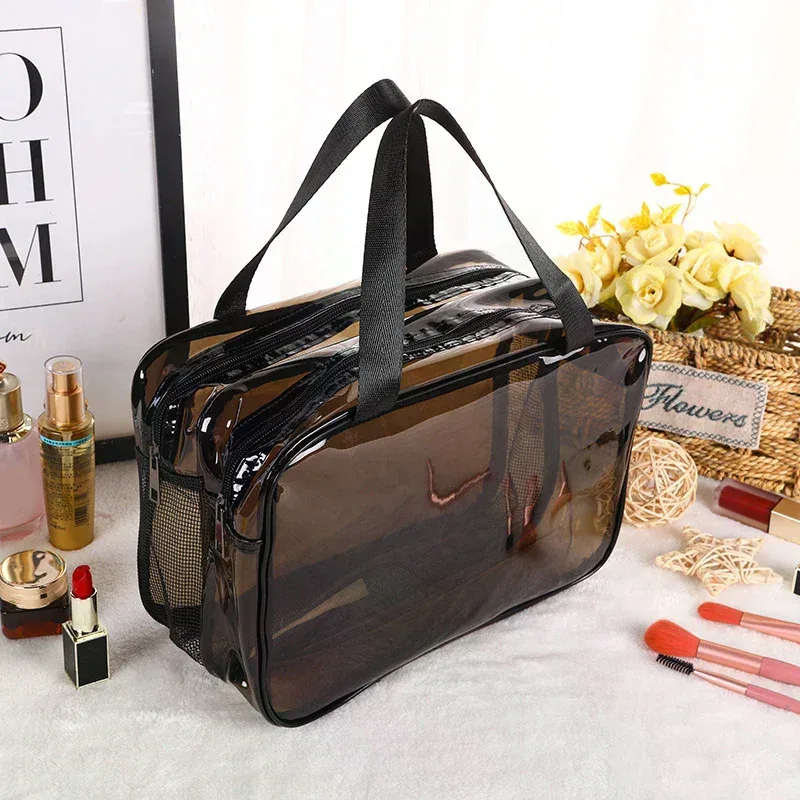 trousse toilette pvc translucide poignées noires multi poches séparation humide sec grande capacité voyage femmes