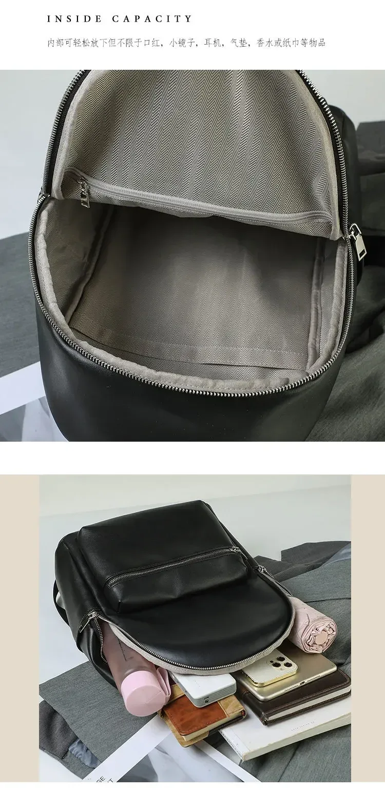 sac à dos en cuir pu noir de grande capacité pour femme, sacoche d'université, de voyage, pour fille