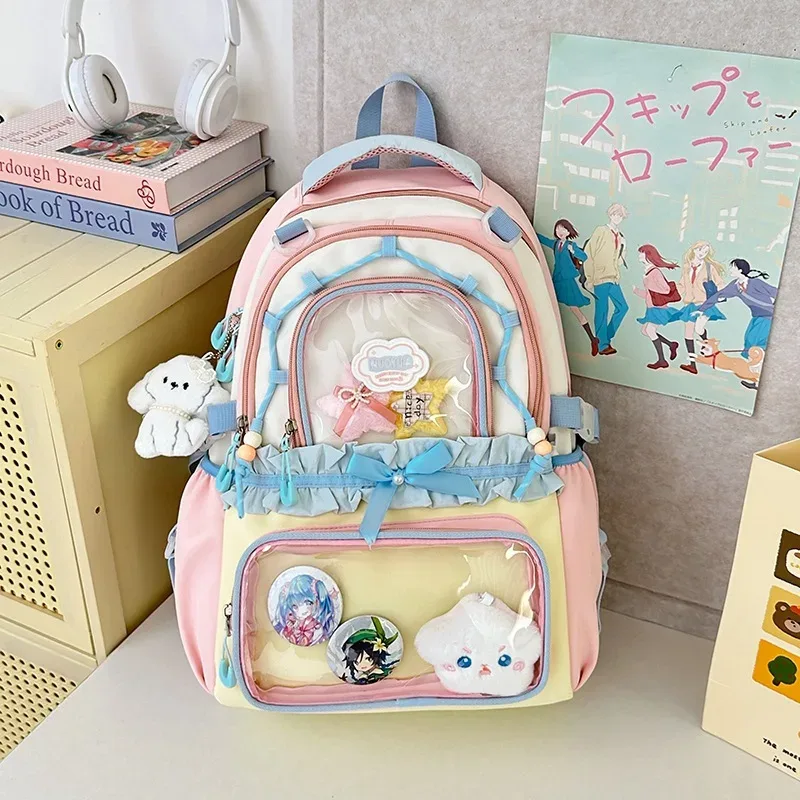 sac à dos coréen à nœud papillon, grande capacité, esthétique soignée, couleur transparente contrastante, pour l'école