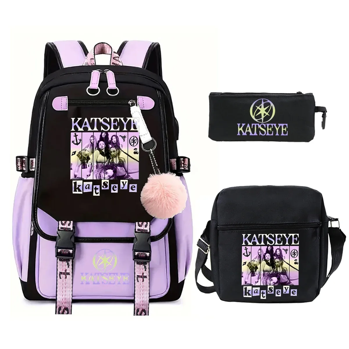 sac à dos katseye pour garçons et filles, ensemble de 3 pièces, sac à bandoulière, trousse à crayons, grande capacité, sac à dos pour étudiants, sac à dos d'extérieur