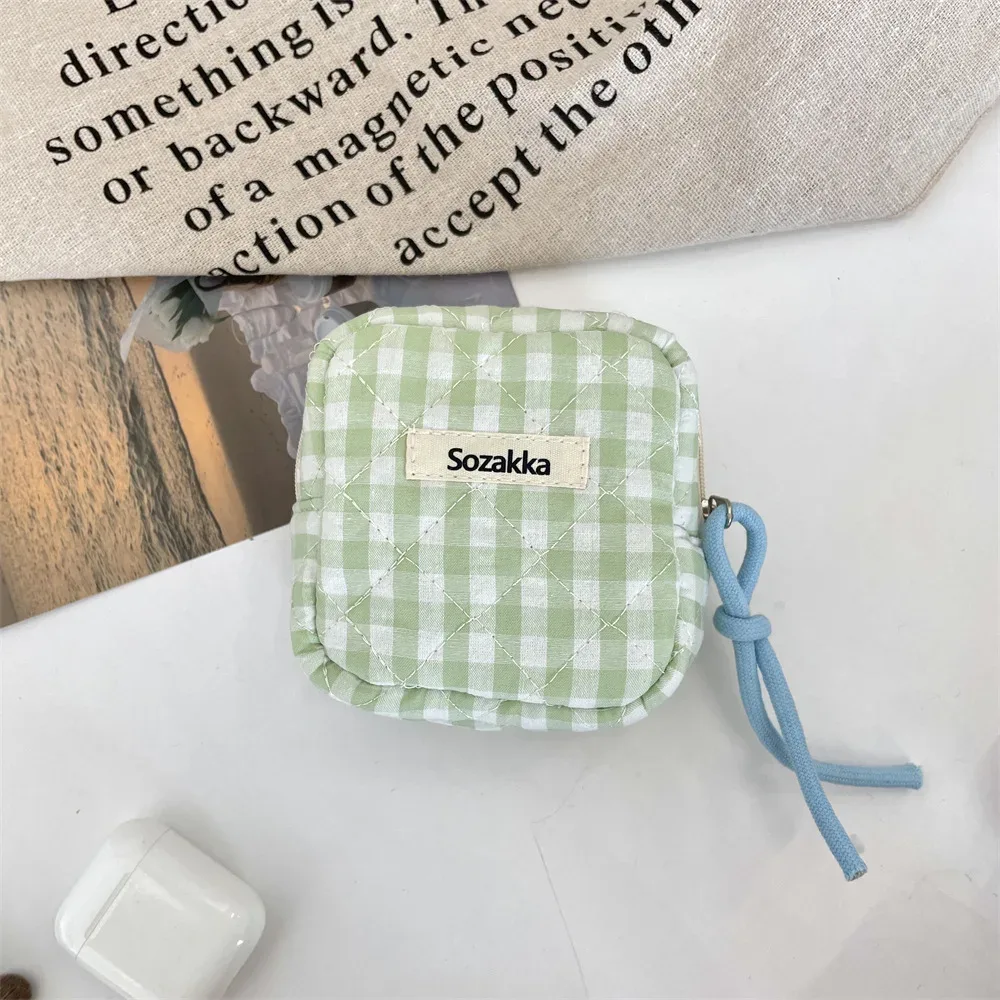 mini sac cosmétique carré à carreaux mignon pour femmes, écouteurs portables, rouge à lèvres, serviettes hygiéniques, stockage de poudres, petits sacs de maquillage à fermeture éclair