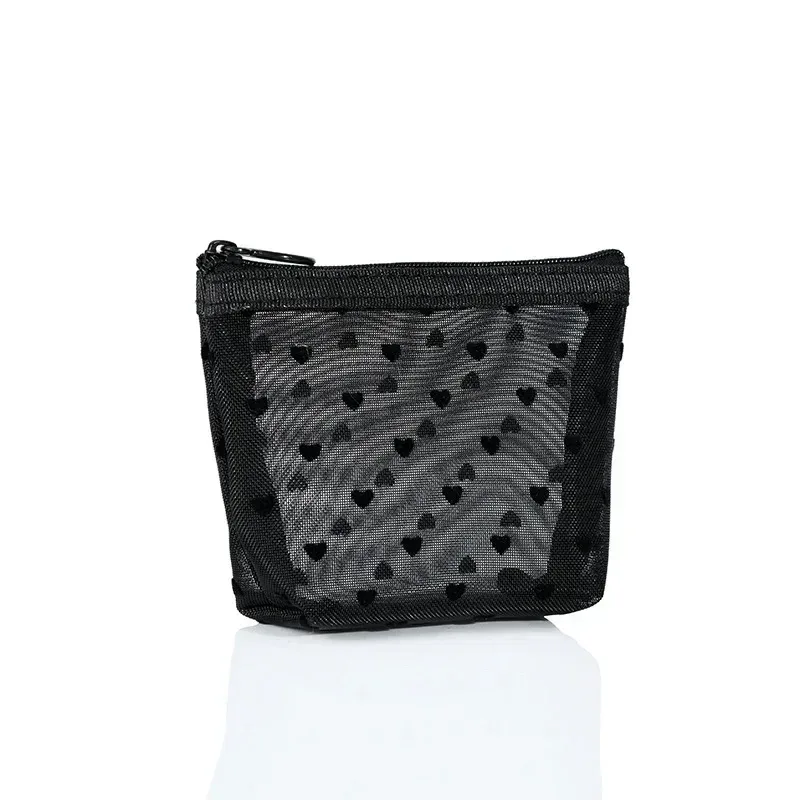 sac à cosmétiques en maille de nylon, organisateur de toilette en forme de cœur à fermeture éclair, sacs de maquillage multifonctionnels pour femmes, rouge à lèvres, clé, porte-monnaie