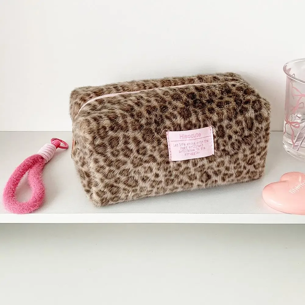 sacs à maquillage en peluche à imprimé léopard avec poignée, sac de rangement cosmétique de voyage portable, trousse de toilette, trousse à crayons mignonne, sac à main tendance