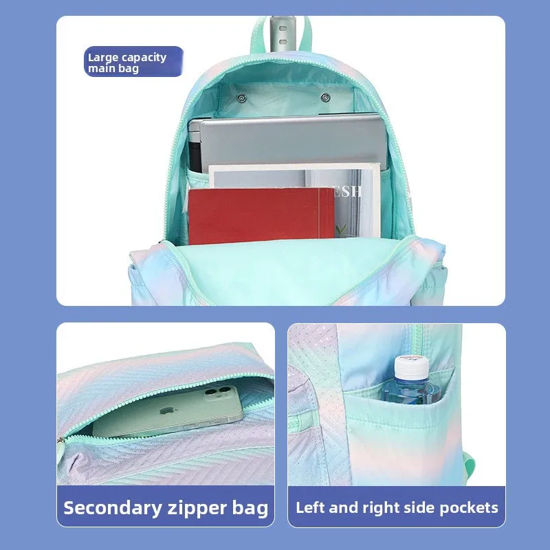 sac dos polyester forme rectangulaire motif bandes horizontales colorées pompons blancs roues poignée etudiante voyage sac école