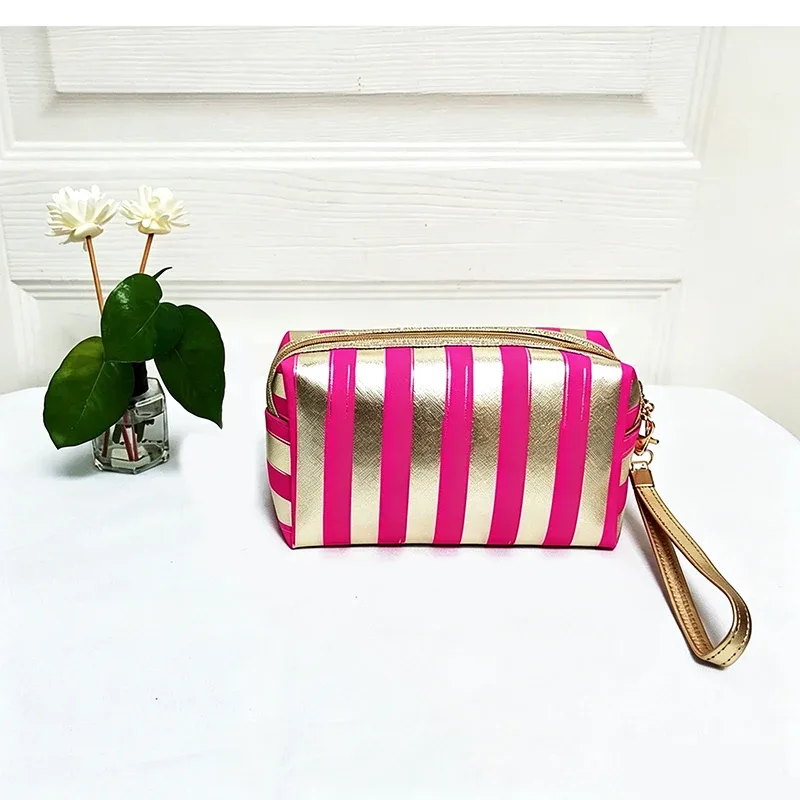 trousse de maquillage rayée imperméable en gros pour femmes, sac cosmétique de voyage avec organisateur de toilette transparent, pochette de plage à fermeture éclair