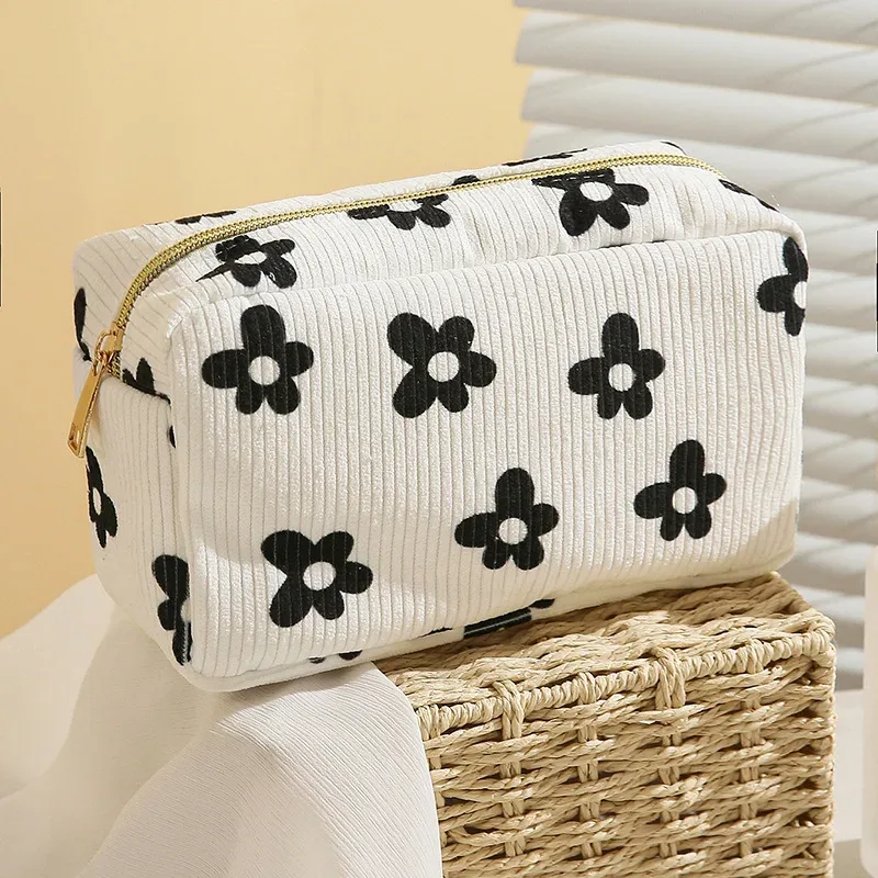 trousse de maquillage en velours côtelé pour femme, sacs cosmétiques de grande capacité, trousse de toilette de voyage, rangement de pinceaux de maquillage, imprimé à la mode