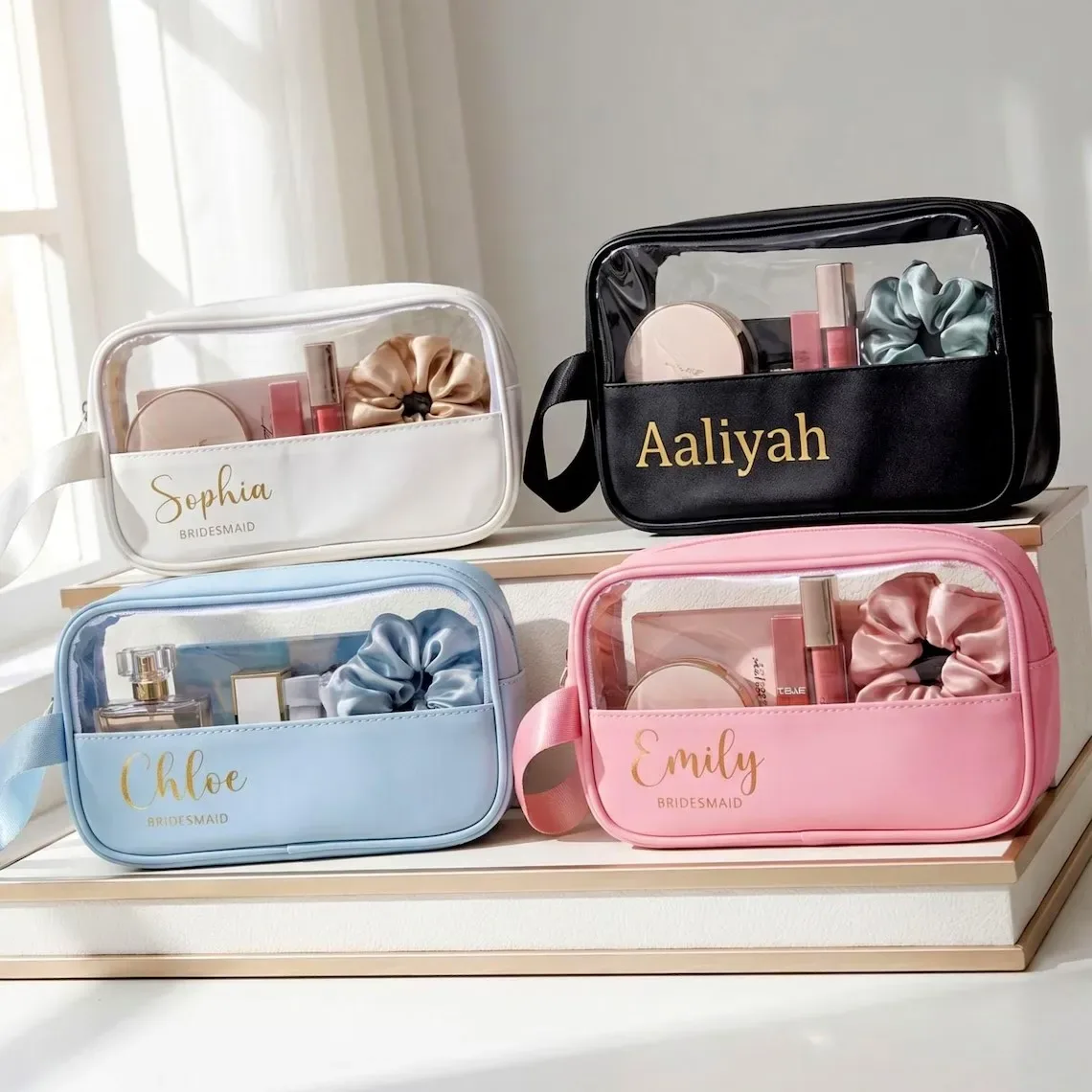 pochette cosmétique personnalisée avec nom, pochette à maquillage en feuille d'or sur mesure, organiseur de toilette de voyage, cadeau pour demoiselle d'honneur