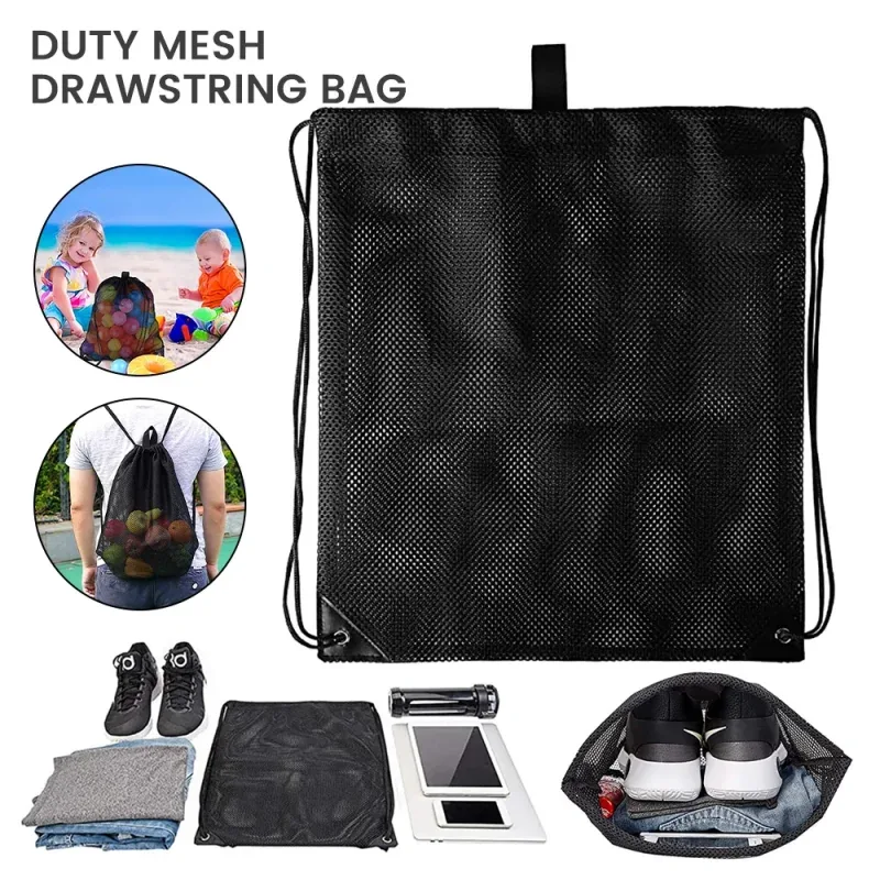 sac à dos en maille noire, sac de rangement portable à cordon pour football, basketball, sport, voyage, gym, plage, jouets, randonnée, shopping, natation