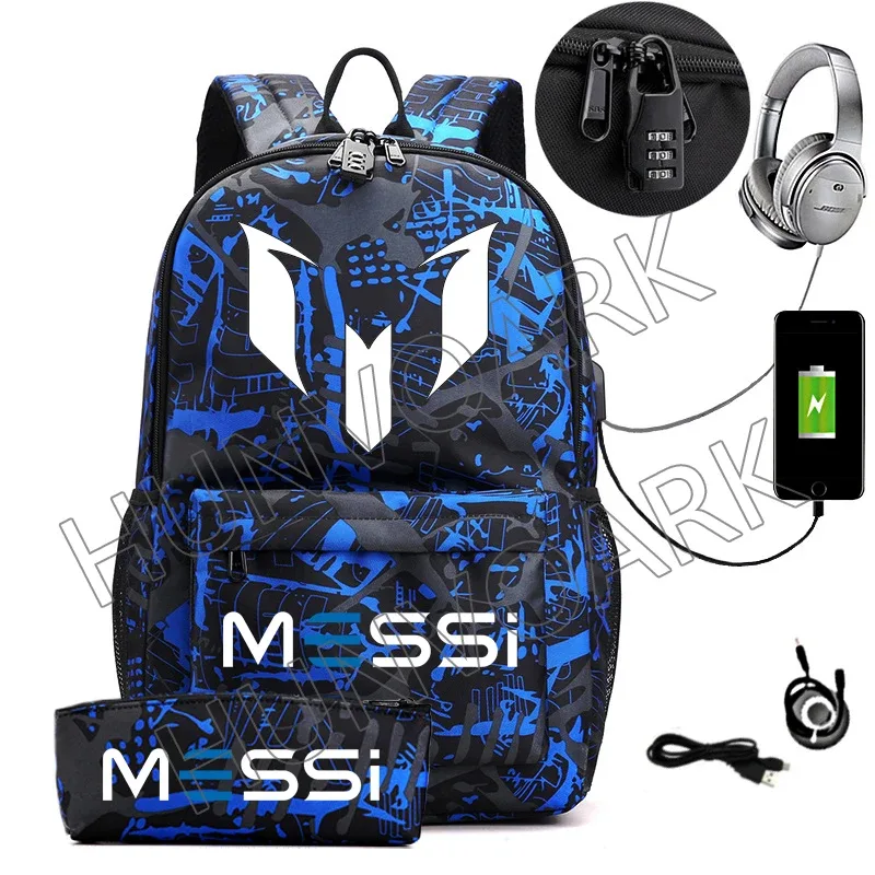 sac dos toile noir motif géométrique bleu blanc compartiment interne ceinture air usb adolescents école