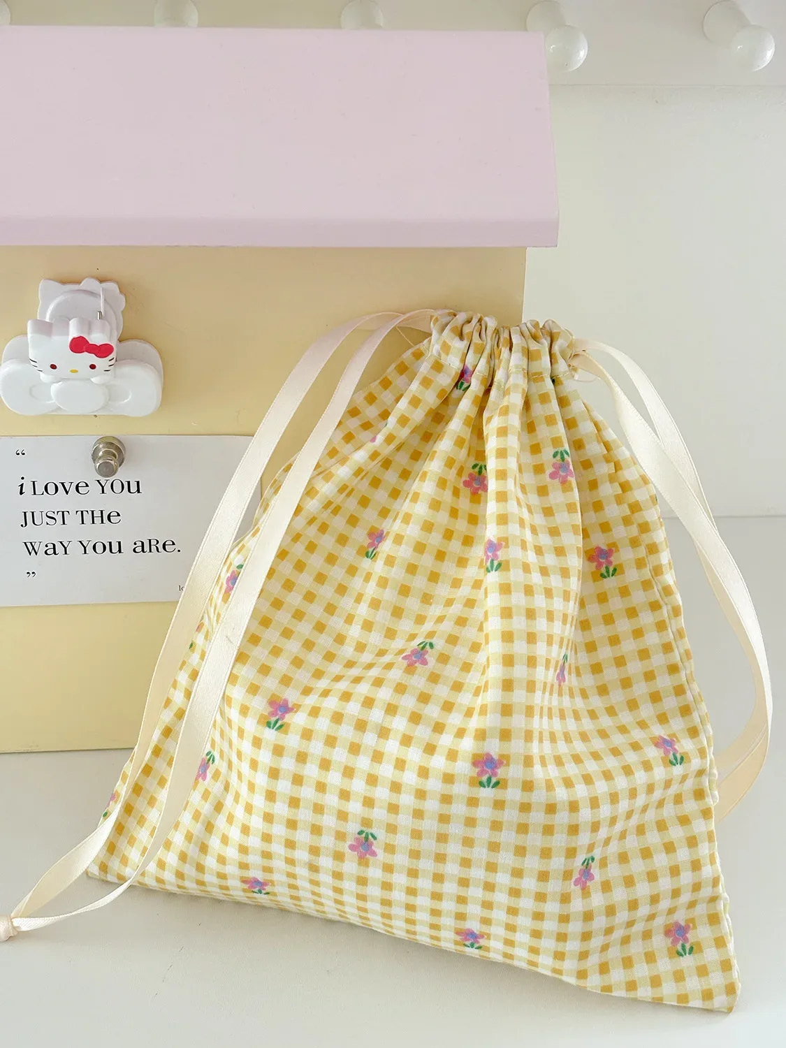 sac à cordon jaune à motif floral, sacs de rangement de voyage en tissu, sacs de tri portables pour articles divers, grandes pochettes à cordon