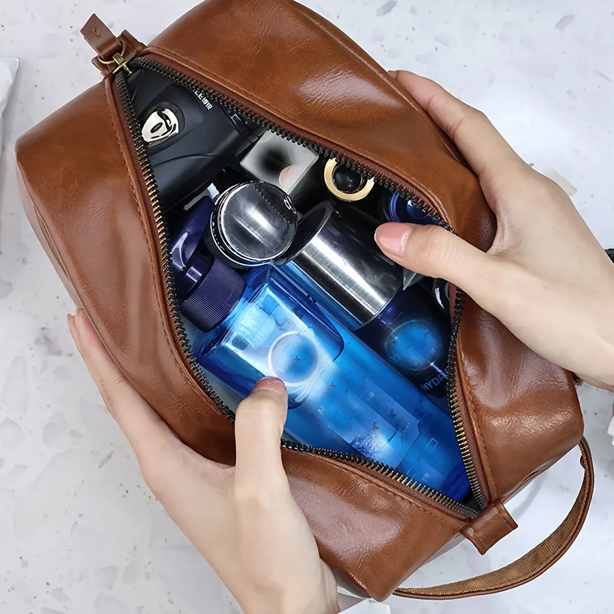 trousse de toilette imperméable en cuir pu pour hommes et femmes, voyage d'affaires, salle de bain, outils de rasage, sac de rangement, pochette de maquillage, sac à cosmétiques pour femmes