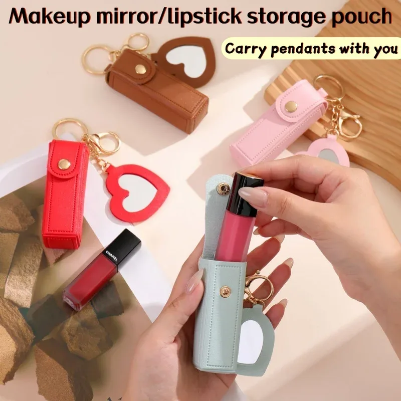 Trousse Cosmétique Cuir Motif Coeur Rouge Bleu Rose Beige Portable Miroir Lipstick Transport Voyage