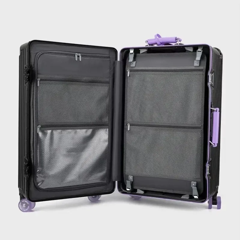 valise pc aluminium roues pivotantes silencieuses serrure tsa compartiments internes couleur noire ligne dorée grande capacité voyage