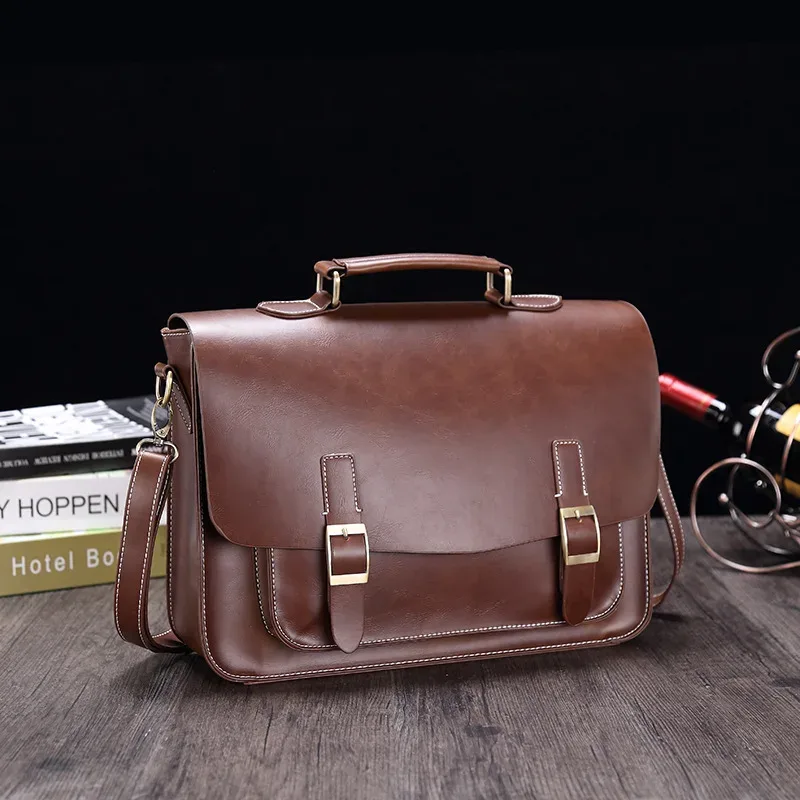 porte-documents pour hommes crazy horse en cuir pu vintage étudiant sacoche école bureau fourre-tout sac à main épaule affaires épaule sac pour femmes