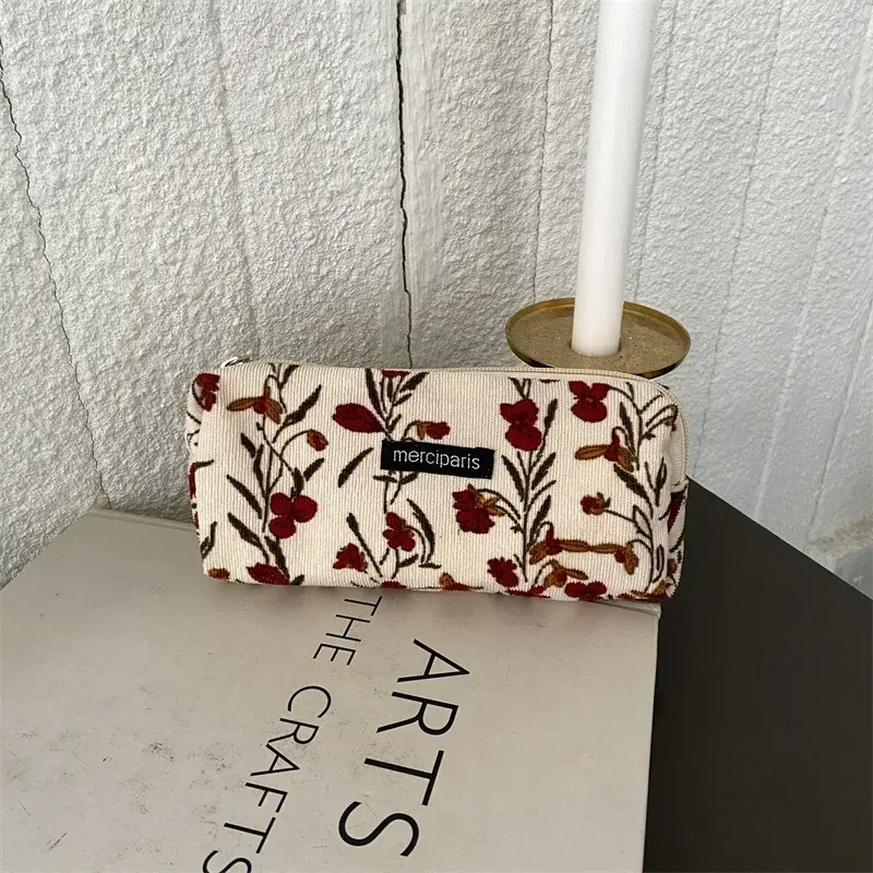 sacs de maquillage en velours côtelé pour femmes, sac à cosmétiques imprimé floral, trousse à crayons, trousse de toilette de voyage, sac de rangement, organisateur, trousse de beauté