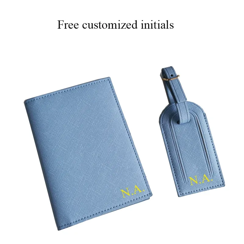 étiquette bagage cuir simili bleu motif grain passeport poche documents voyage business voyage accompagnateur