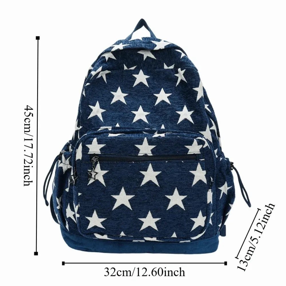 sac à dos à rayures grises de style coréen, multi-poches, léger, imprimé étoiles, bretelles réglables, pour les trajets quotidiens
