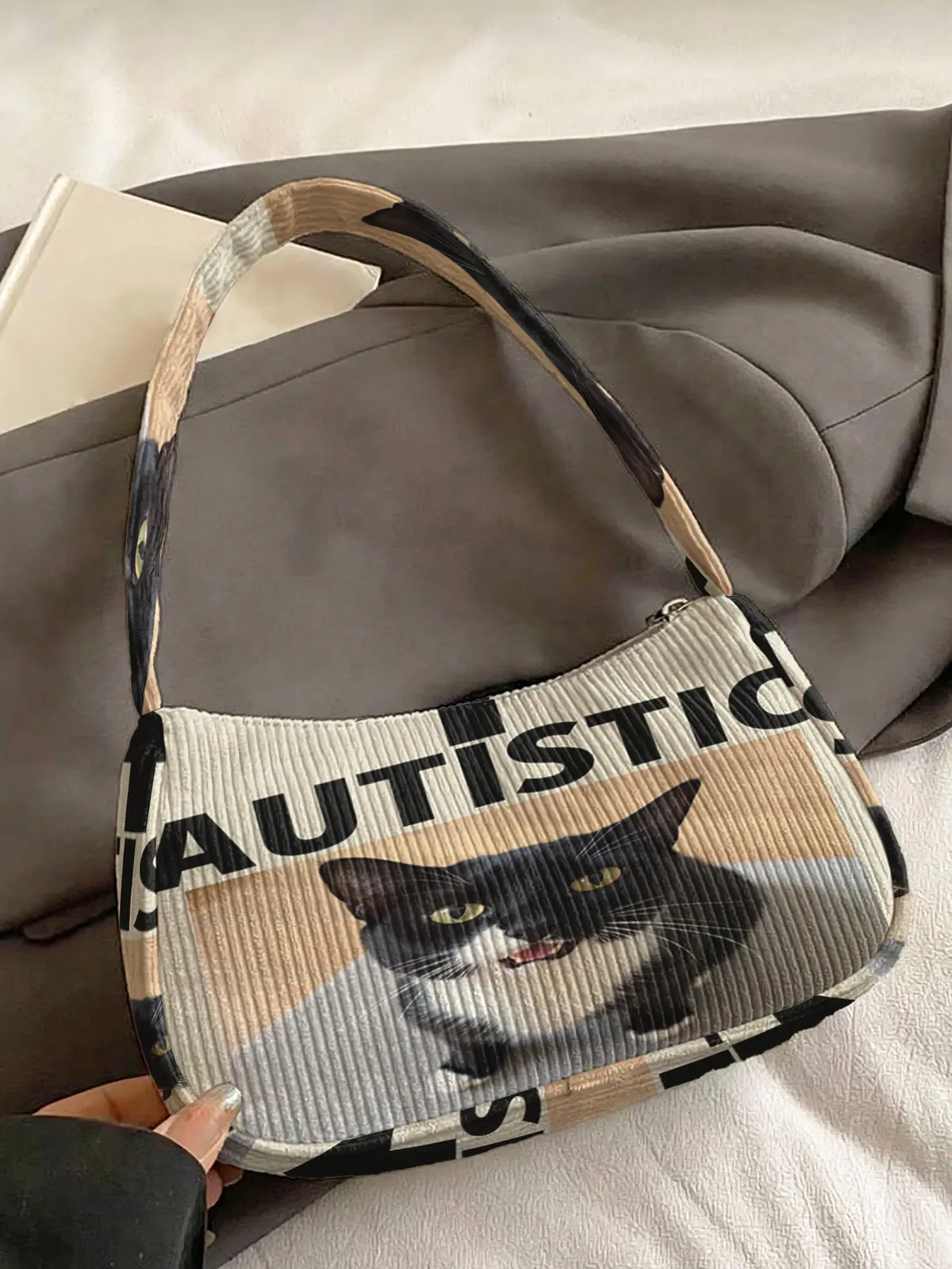sac à bandoulière tendance imprimé chat en smoking, sac sous le bras en velours côtelé pour un usage quotidien décontracté