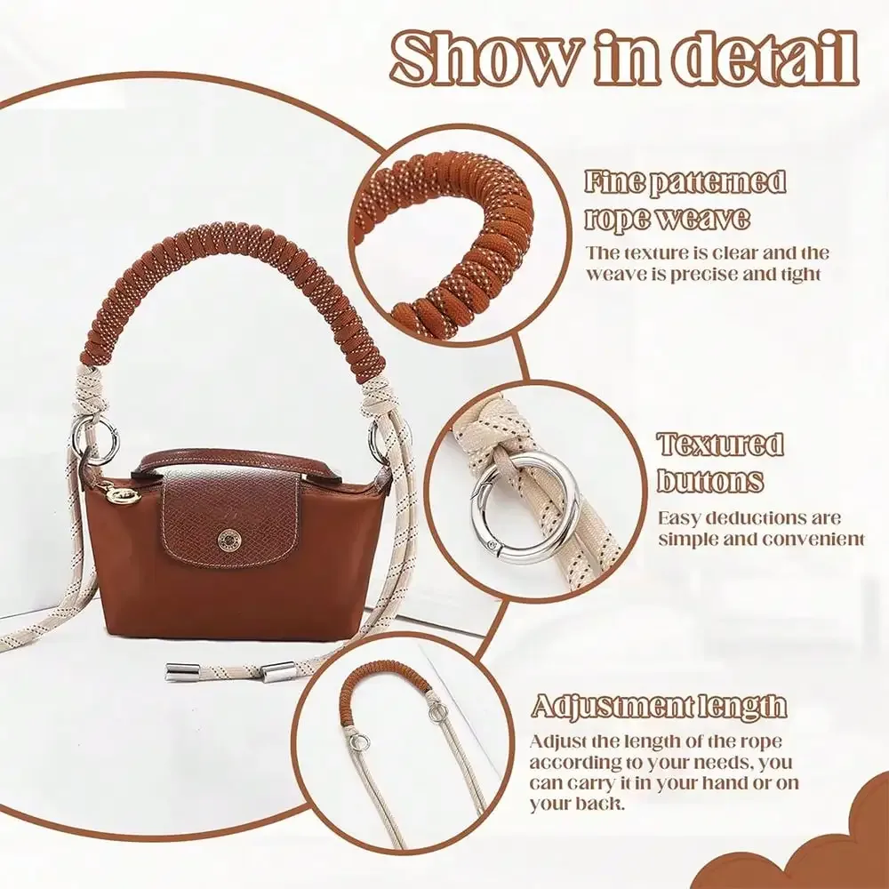 poignée sac corde tressée nylon bleu marron noir rose anneaux métalliques tissage fin confortable voyage remplacement