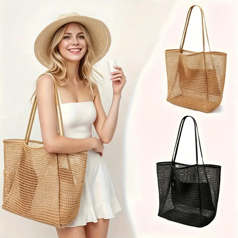 Sac fourre-tout de plage de grande capacité pour femmes – Sac à bandoulière tissé en polyester durable avec dessus ouvert pour les voyages, le shopping