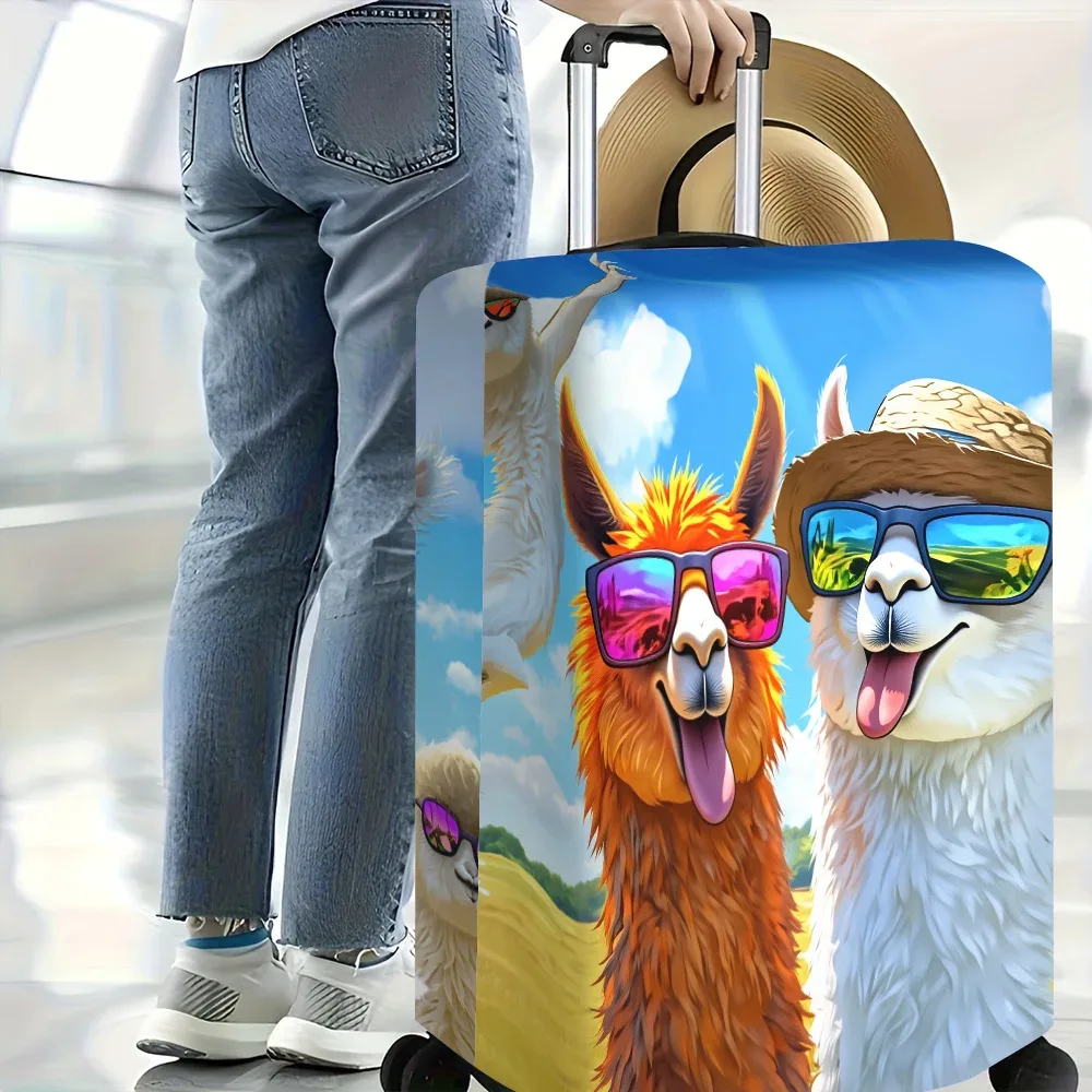 housse valise polyester motif alpagas joyeux lunettes chapeau nuages bleus orange blancs protection voyage taille variable
