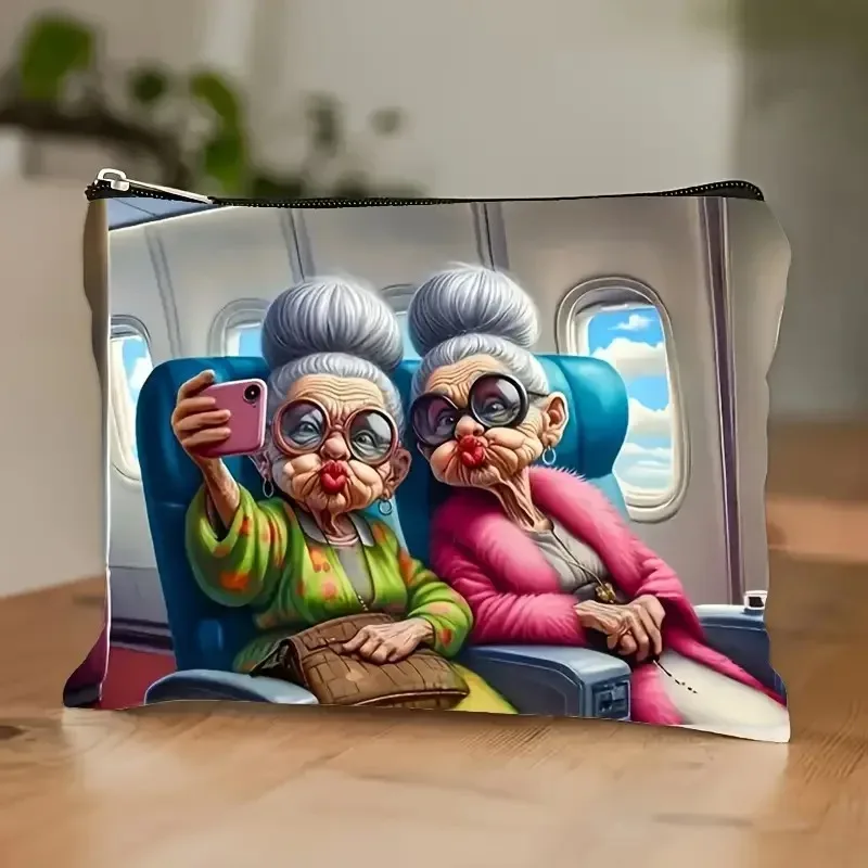 Nouvelle trousse de maquillage en toile imprimée avec motif de femme âgée amusante, trousse à crayons pour étudiants, trousse de toilette portable, sacs de toilette, sacs en toile