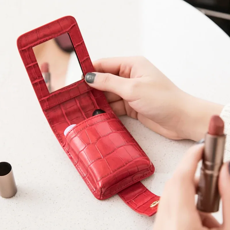 mini sac de rouge à lèvres portable avec miroir, petit sac à cosmétiques minimaliste avec bouton, mallette de rangement de maquillage pour femmes en relief crocodile