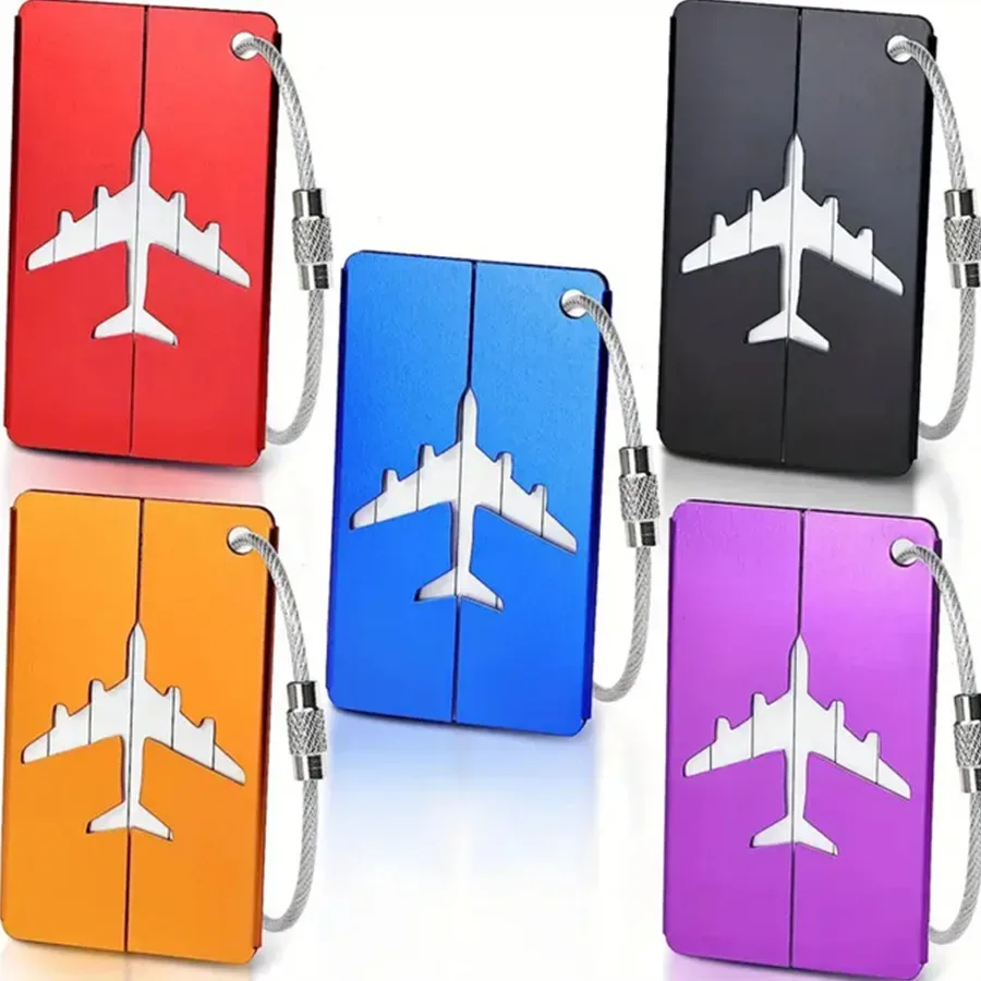 étiquette bagage métallique aluminium rouge bleu noir or violet avion nom cartes identité accessoires voyage anti-perte lot cinq pièces