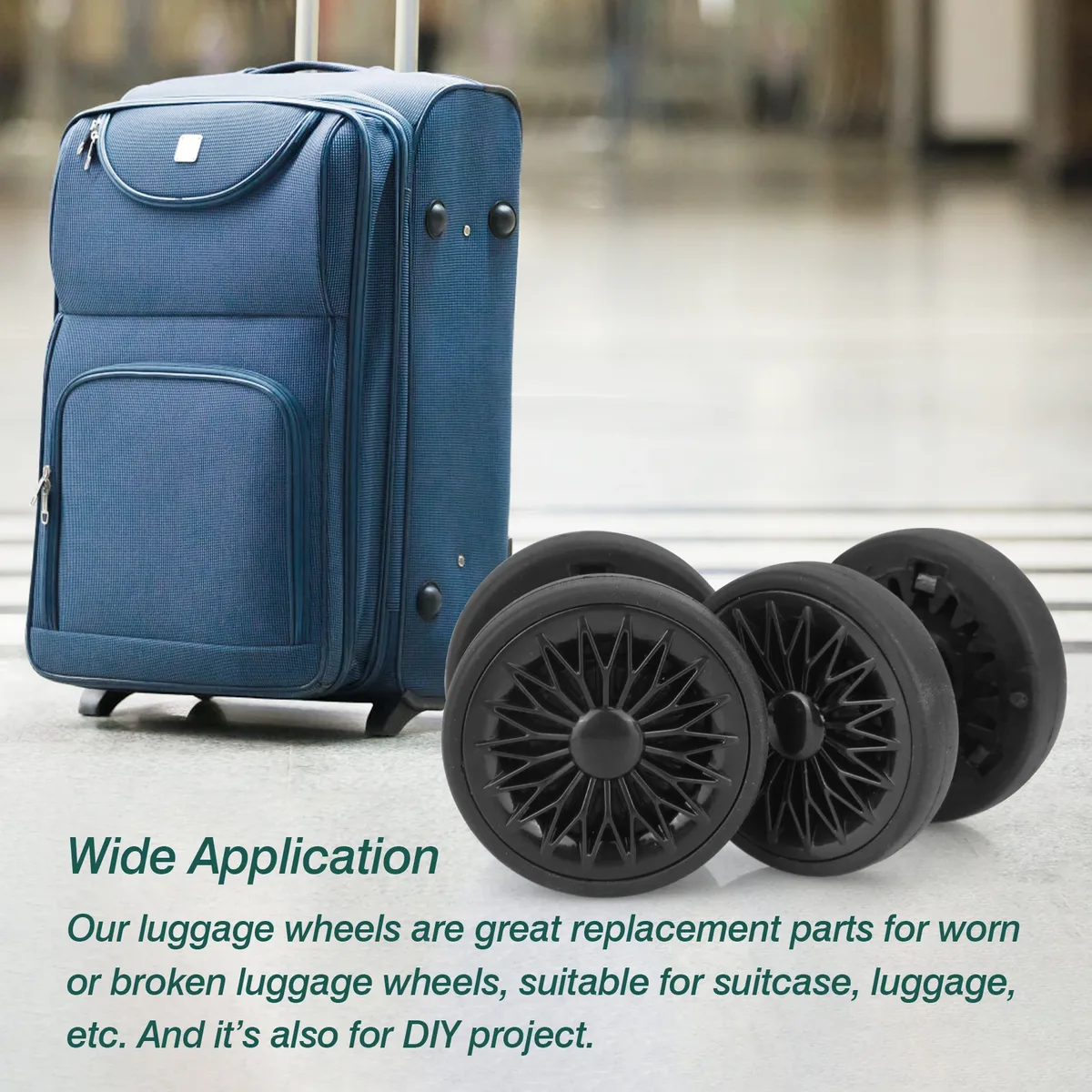 roues remplacement plastique métal noires vis ecuirs rondelles valise réparation voyage silencieuses fluide utilisation divers surfaces