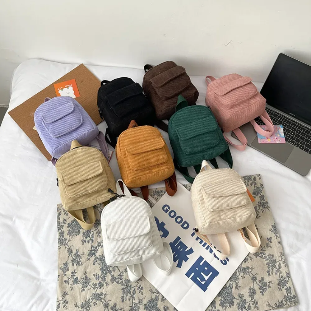 mini sac à dos en velours côtelé monochrome pour femme, sac à dos décontracté pour document, sac à dos de voyage en plein air, sac à dos scolaire pour fille, mode féminine