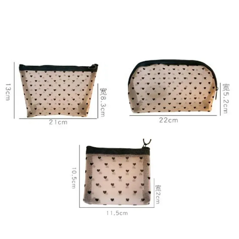 sacs de maquillage cosmétiques en maille, porte-étui, fermeture éclair transparente, mignon, noir, cœur imprimé, trousse à crayons, pochette pratique à transporter