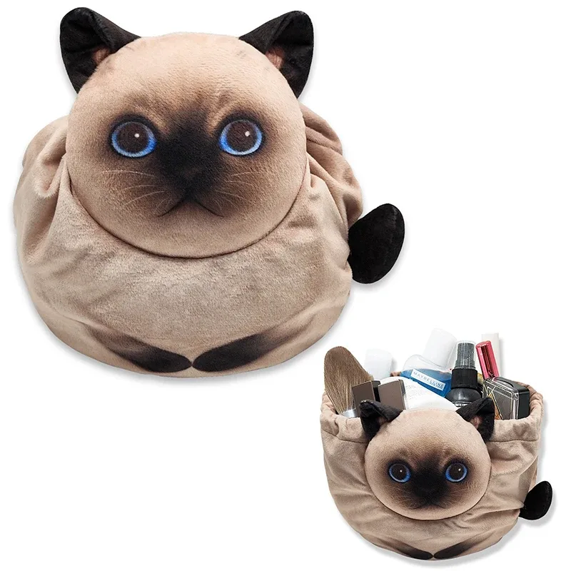 trousse de maquillage chat mignon, fermeture à cordon, conception tête de chat 3d, pochette cosmétique plate, cadeau pour femmes amoureux des chats, sac organisateur de voyage