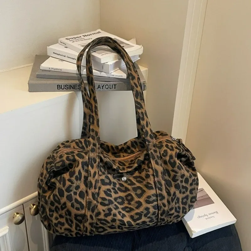 Sac à bandoulière en toile imprimé léopard, grande capacité, fourre-tout à poignée pour les déplacements quotidiens, sacs de rangement à Texture polyvalente