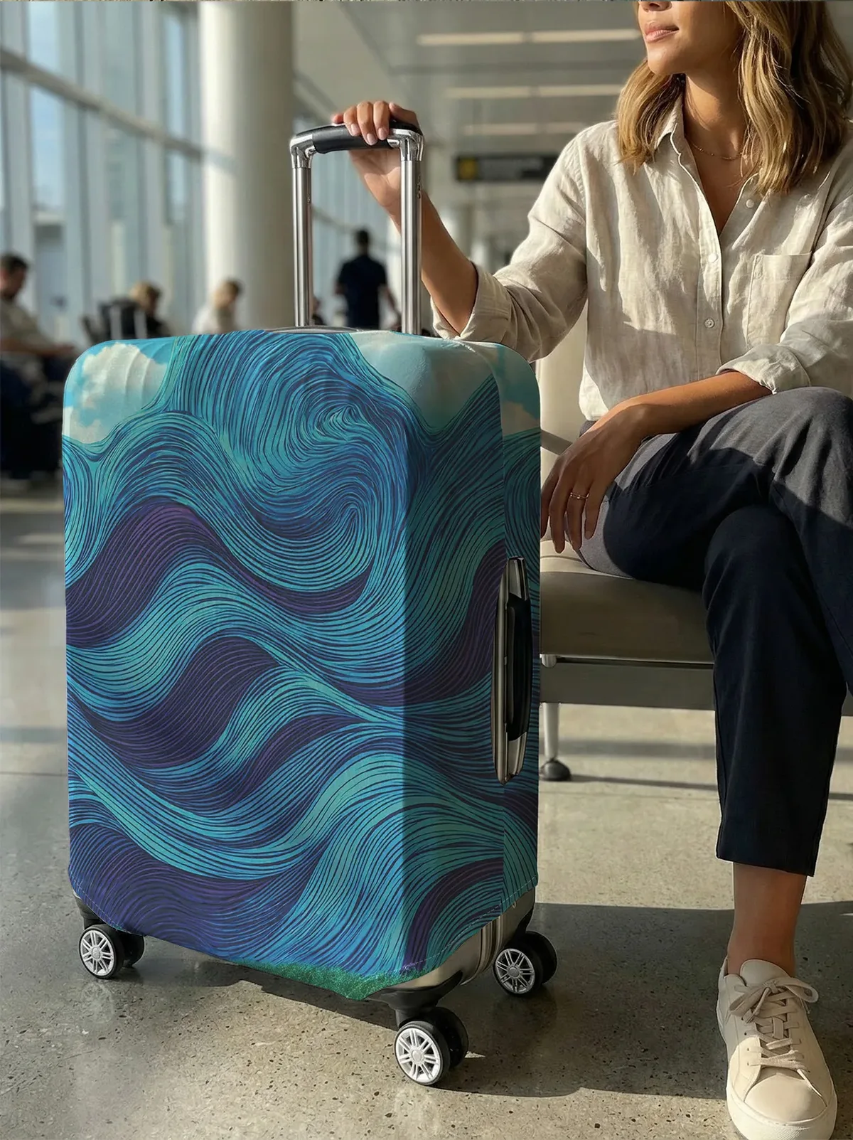 housse de protection pour bagages à motif de lignes ondulées bleu et violet, adaptée aux bagages de 18 à 32 pouces, avec poignées, accessoire de voyage