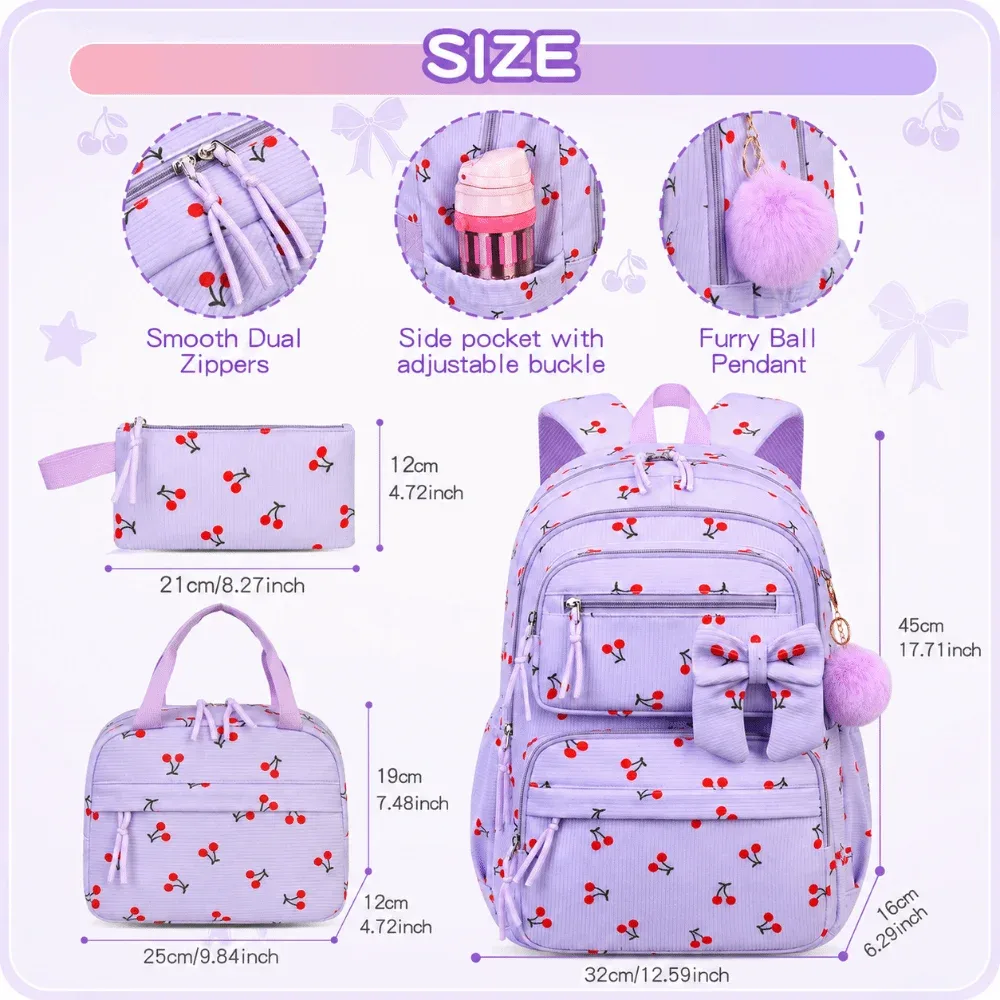 sac dos nylon dessin animé violet cerises rouges sac lunch boîte crayons poignees pompons compartiment isolant visibilite sécurité enfants