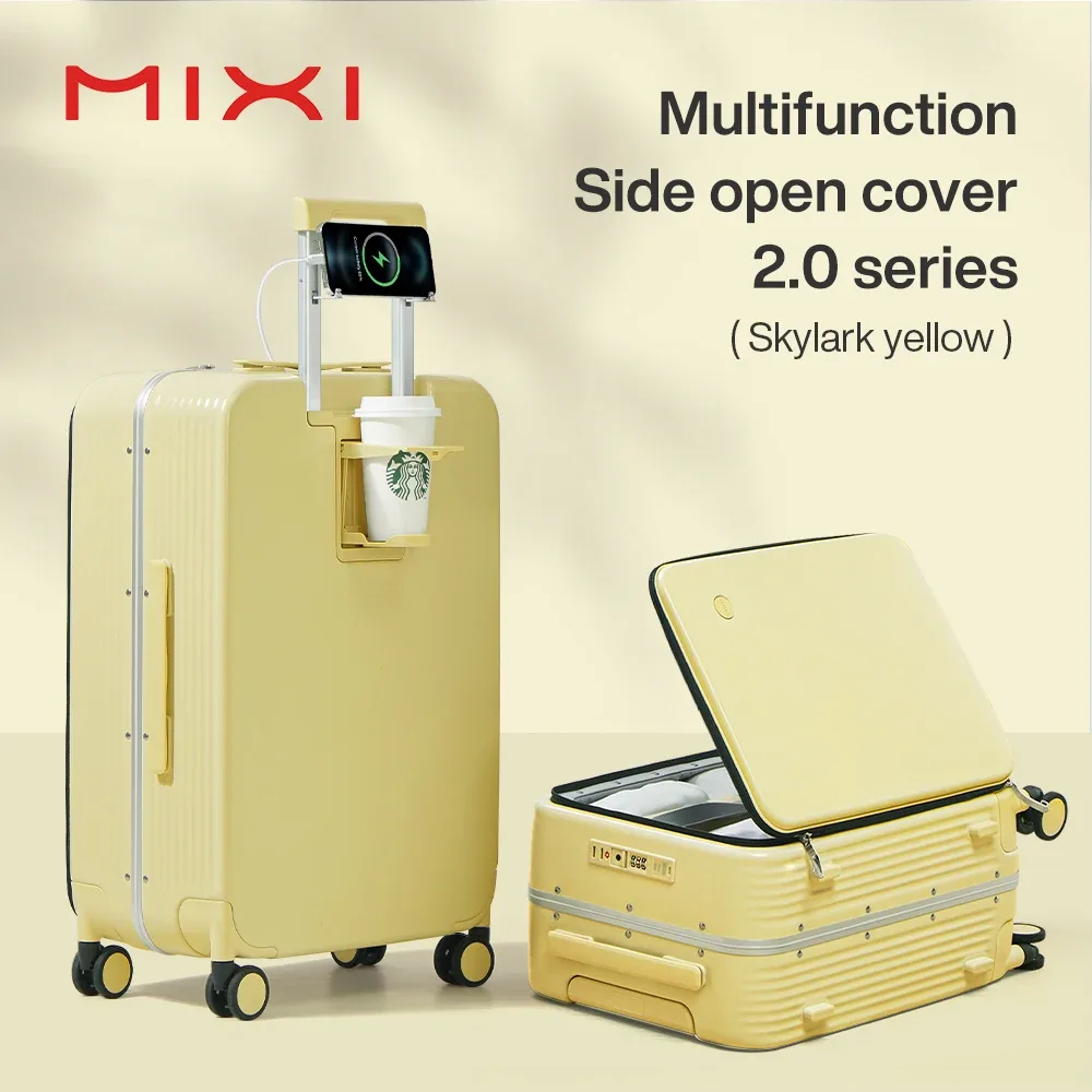 mixi nouvelle valise à cadre en aluminium bagage à roulettes avec port usb tasse de cabine d'embarquement et support pour téléphone 20 24 pouces