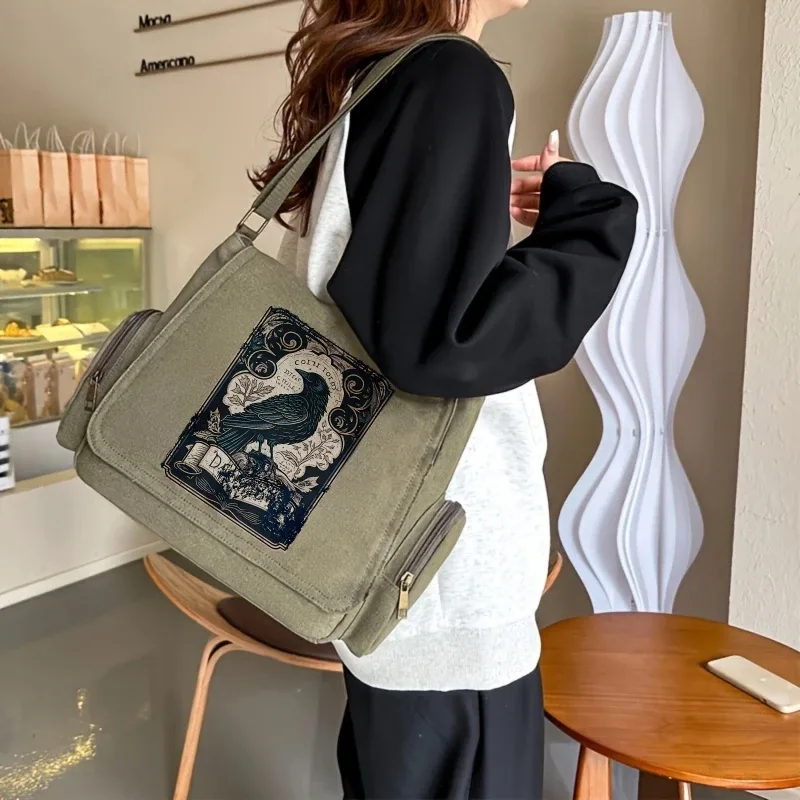 Sac à bandoulière Vintage imprimé corbeau pour femmes, sacoche à bandoulière pour hommes, sac pour ordinateur portable en toile de grande capacité