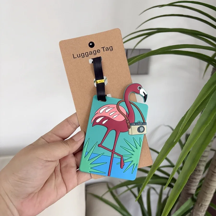 étiquette de bagage en forme d'animal flamant rose, étiquette de bagage panda pour carte d'embarquement, étiquette de contrôle en caoutchouc souple pvc, anti-perte, nom, papier inclus, 1 pièce