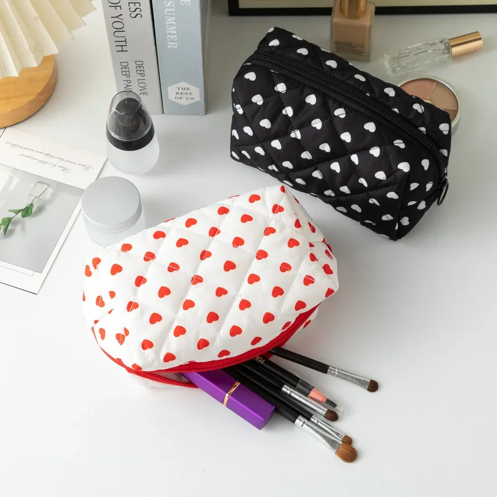 sac à pinceaux de maquillage à motif cœur mignon, pochette cosmétique en coton avec cordon de serrage pour femmes, organiseur de rangement pour articles de toilette de voyage, cadeau