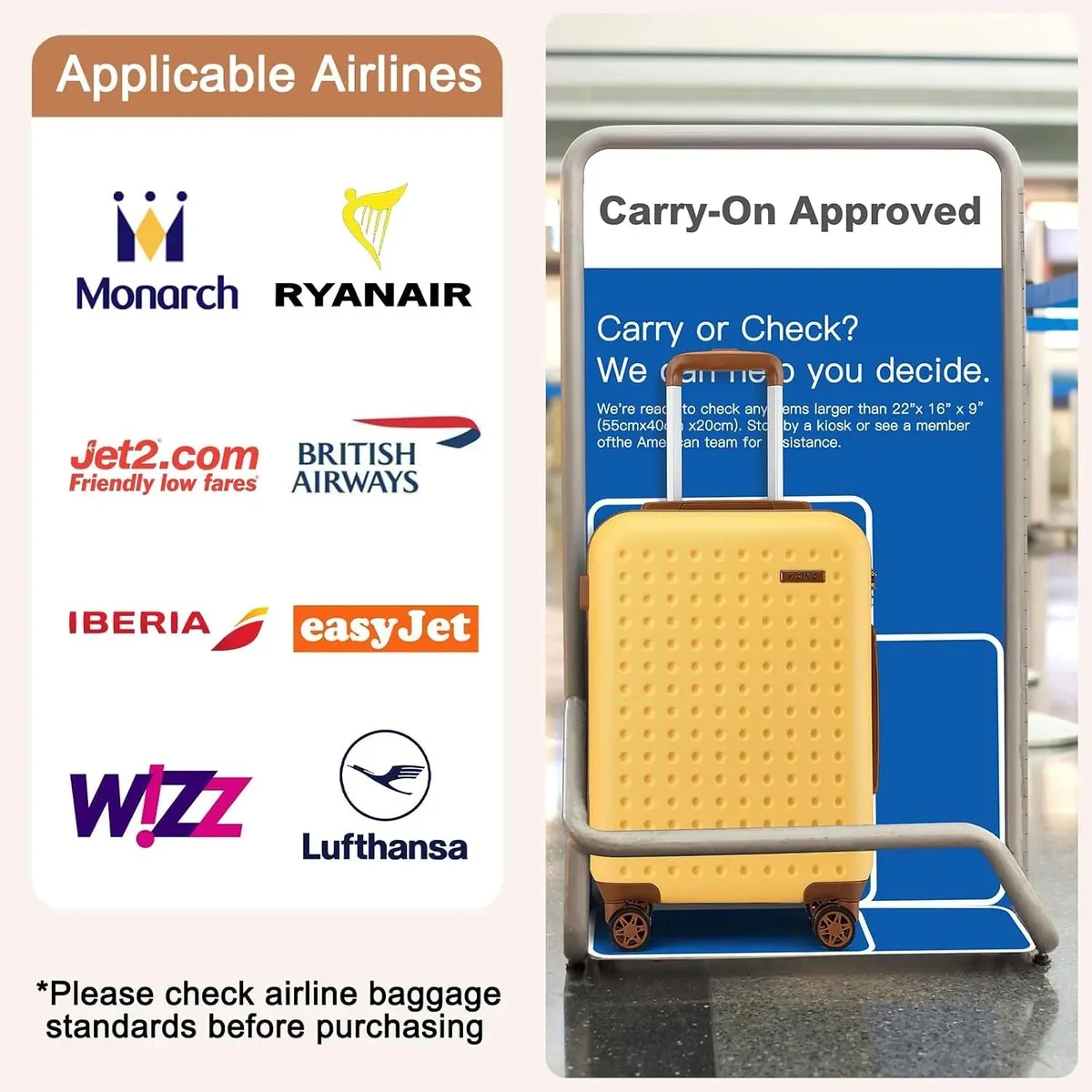 kono ensemble valises rigides 13 pouces trousse de maquillage et 20 pouces bagage cabine, trolley abs+pc serrure tsa roulettes 360° silencieuses