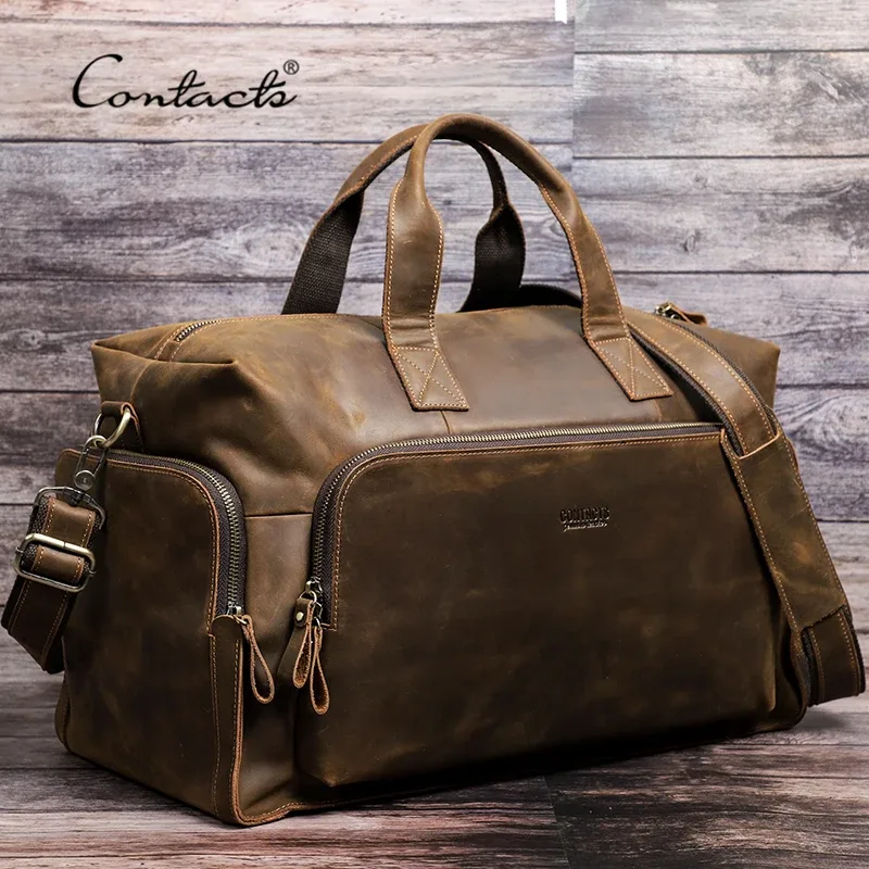 contact's – sac de voyage vintage en cuir véritable pour homme, fourre-tout à bandoulière de grande capacité